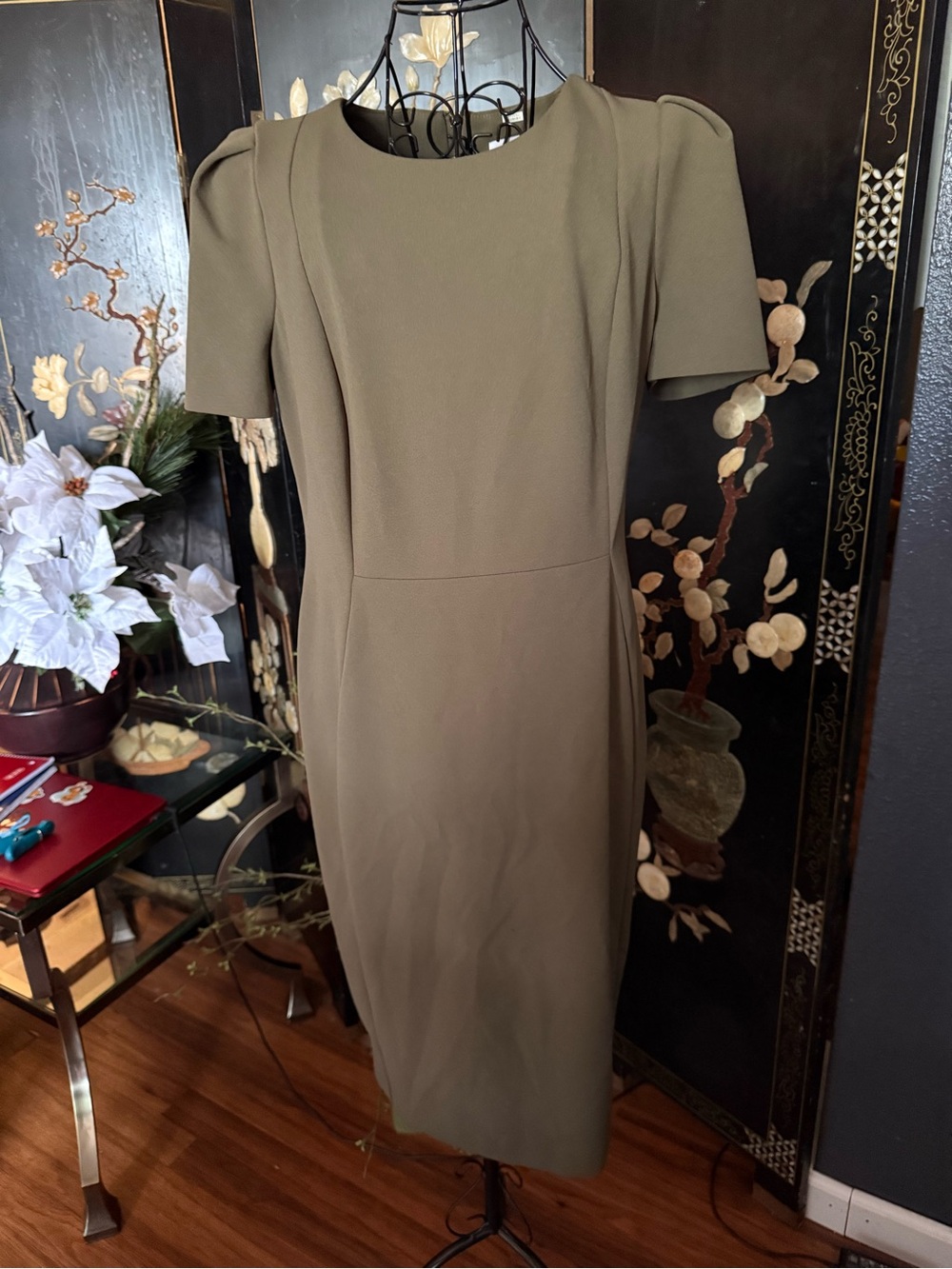 Classic Olive Green Sheath Dress - Elegant Short Sleeve Dress Sz 12